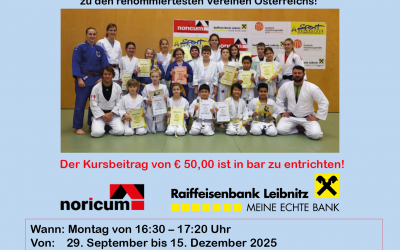 Judo Anfängerkurs für Buben und Mädchen 6 -10 Jahre, Start Montag, 29.09.2025, 16:30, Jufa Leibnitz